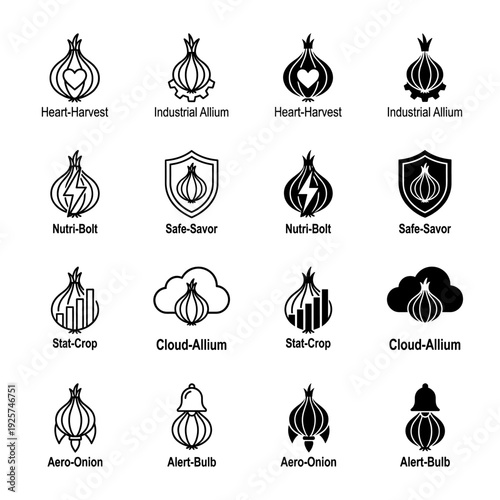 Hybrid onion and allium bulb icon set featuring integrated symbols like heart gear lightning bolt shield bar chart cloud rocket and notification bell