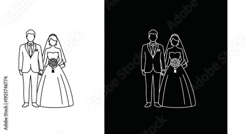 Line art illustration depicting a bride and groom shown in positive and negative formats