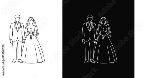Line art illustration of a bride and groom presented in positive and negative formats