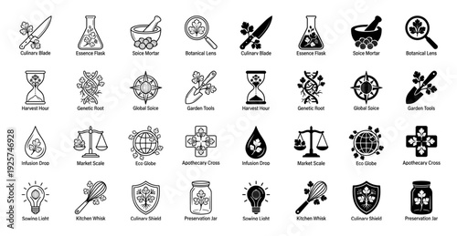 Hybrid botanical culinary icon set merging kitchen utensils with organic herb leaves featuring minimalist line art and solid black silhouette styles