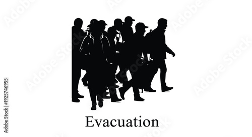 A silhouetted group of people walking with the word evacuation displayed beside them