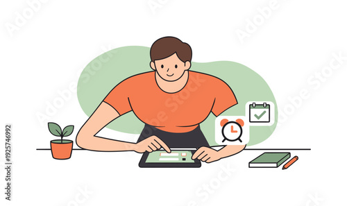 Inside person sets reminders at a desk, arms reaching forward, alerts scheduled, posture attentive and relaxed. | setting