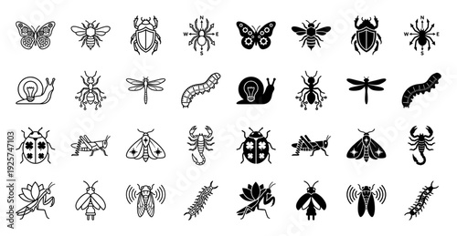 Collection of hybrid insect icons merging organic bug anatomy with mechanical parts like gears lightbulbs compass needles and electrical plugs