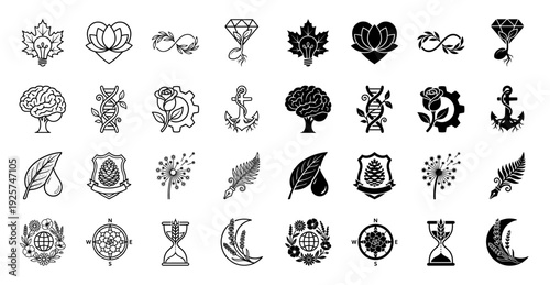 Collection of minimalist hybrid icons merging organic nature elements with conceptual symbols like lightbulb maple leaf brain tree and dna sprout