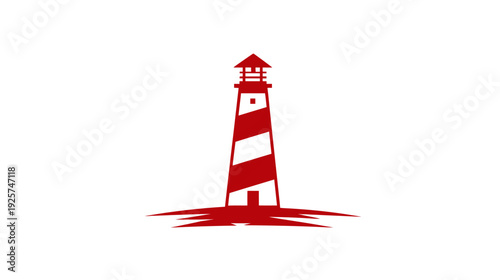 A tall, stylized lighthouse with red and white stripes, set against a white backdrop