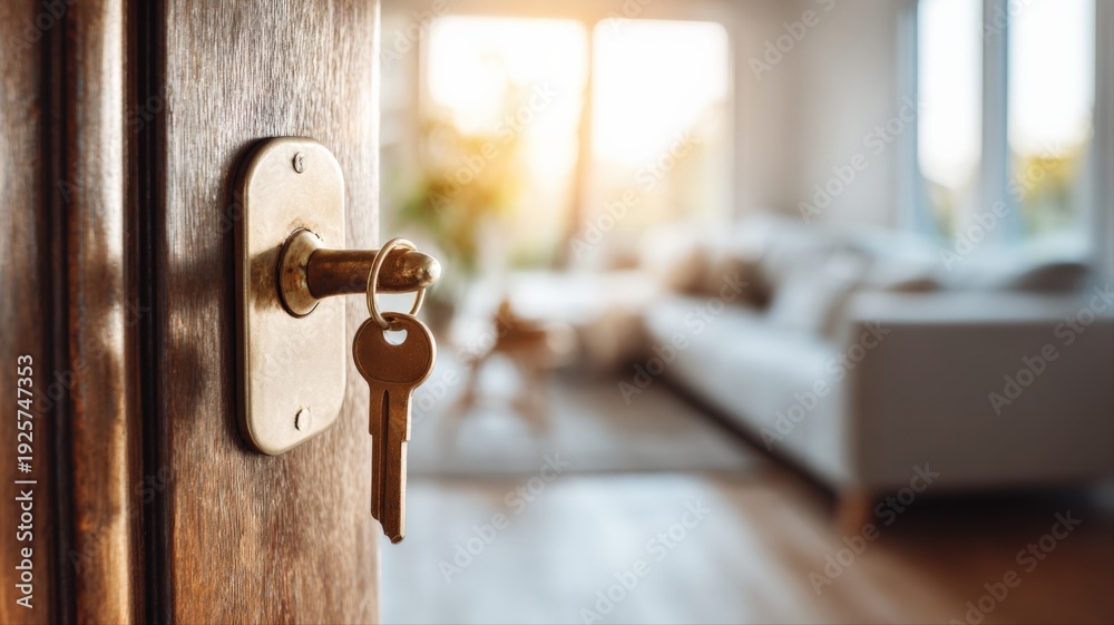 Obraz premium Open Doorway with Key to Modern Living Room - Real Estate, Investment, and Home Concepts