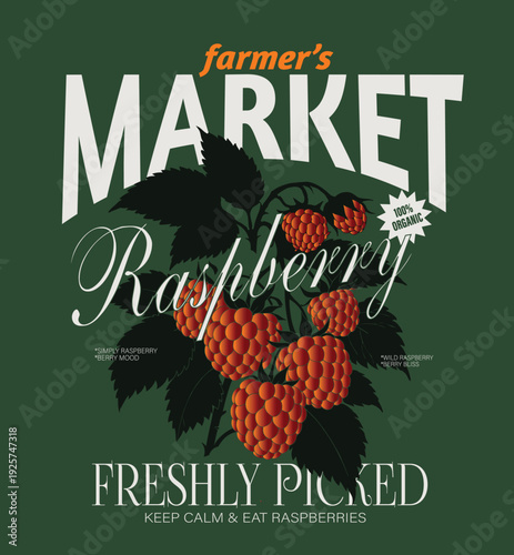 Raspberries fruit illustration vector graphic with farmer's market typography, perfect for girl's women's tee t-shirt sweatshirt artwork purpose