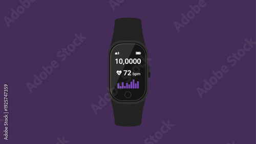 Black fitness tracker displaying step count and heart rate.