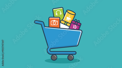 Blue Shopping Cart Filled With Various Products and Gifts.