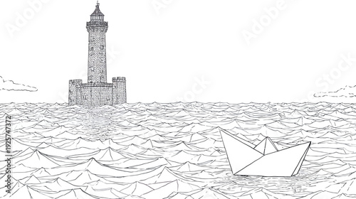 Black and white illustration of a lighthouse on waves, with a paper boat in the ocean