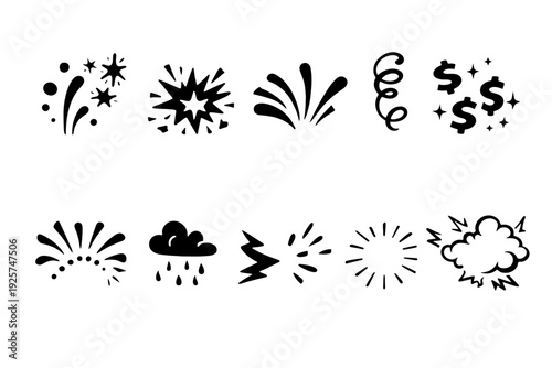Black comic effect icon set with sparkles, splash, explosion burst, swirl, dollar signs, rain cloud, lightning bolt and speech bubble cloud for pop art stickers isolated on white background.