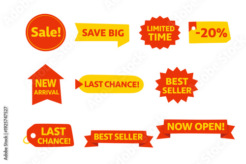Promo sticker pack on black with sale circle, save big banner, limited time burst, -20% tag, new arrival, best seller, last chance and now open ribbons for retail promos, ads, social posts.