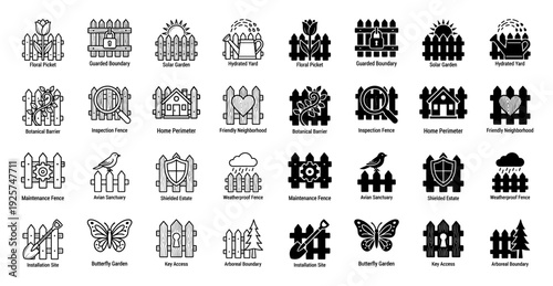 Collection of fence and gate icons merging picket boundary motifs with garden elements like flowers sun butterflies and security symbols in dual styles