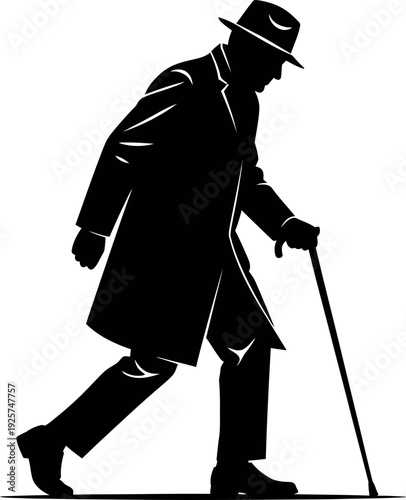 Silhouette of an old man walking with a cane