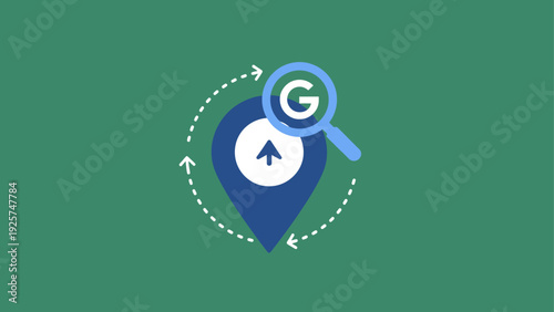Google Maps Location Pin with Magnifying Glass and Search Icon.