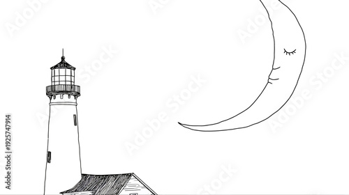 Black and white illustration of a lighthouse, moon, and building on a clear background