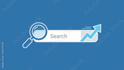 Magnifying glass and search bar with upward trending graph.