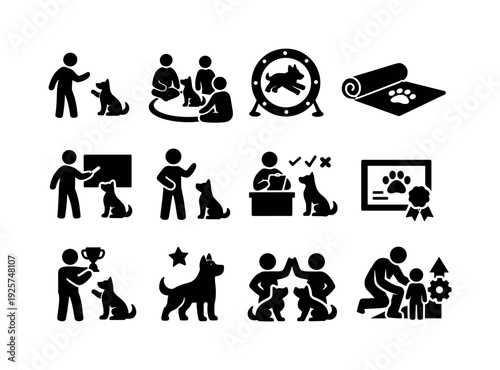 Pet Training Icons. Solid vector icons of pet training classes: instructor, groupSession, trainingRing, mat, whiteboard,