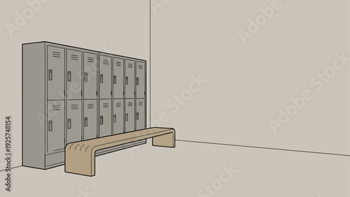 Modern Locker Room with Bench and Storage Units.