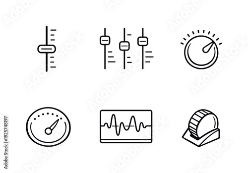 Line style icons of market sonification controls: amplitude slider, harmonic mixer, frequency selector, tonal indicator, waveform