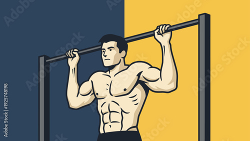 Muscular man performing a challenging pull-up exercise on a horizontal bar.