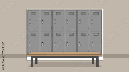 Row of gray metal gym lockers with wooden bench.