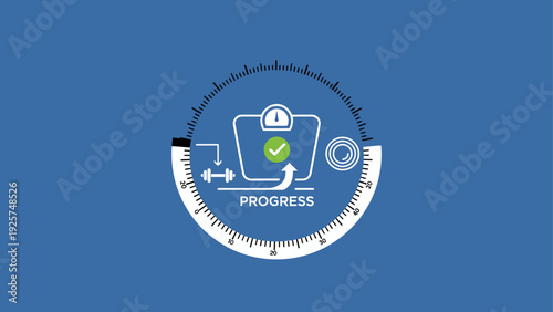 Weight loss progress indicator with scale and checkmark.