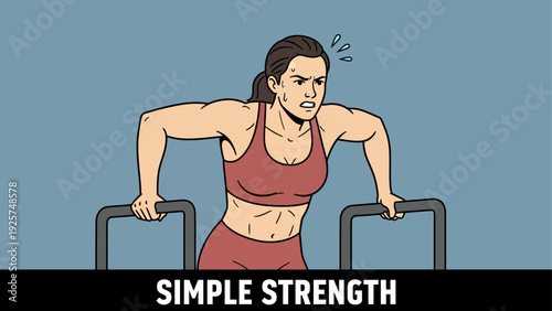 Woman performing strength training exercise on parallel bars.