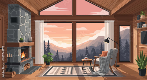Cozy mountain cabin living room with a fireplace and large windows overlooking a scenic sunset landscape.