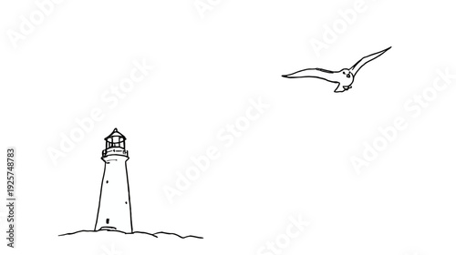 A seaside scene with a lighthouse and a bird, rendered in a simple black and white line drawing