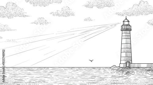 A black and white illustration of a lighthouse shining a beam over the ocean, with clouds above