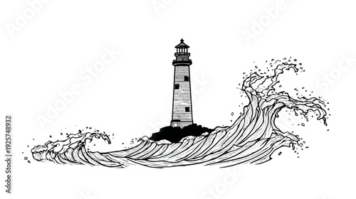 A black and white illustration of a lighthouse on a rock, with stylized ocean waves