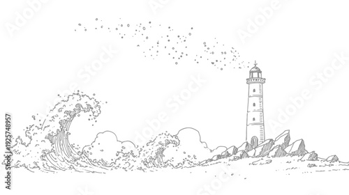 A tall cylindrical structure on rocks, waves crashing nearby, dotted sky. A hand-drawn design