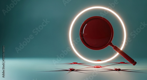 Magnifying glass highlighting red bugs on surface
