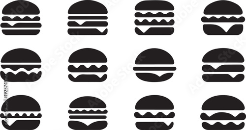 Twelve black hamburger in a grid on a white background
