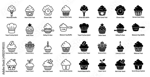Collection of creative bakery hybrid icons merging muffin shapes with kitchen tools clock heart and house elements in outline and solid styles