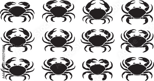 Twelve Black Silhouette Crabs Arranged in Three Rows on a White Background