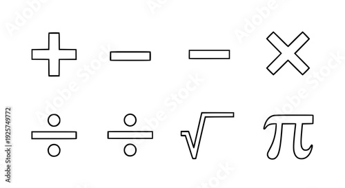 Math symbols icon set vector, plus minus multiply divide, square root, pi symbol, clean line style, monochrome design, isolated on white background, minimal flat icons