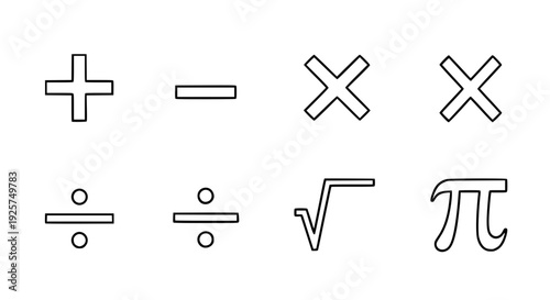 Math symbols icon set vector, plus minus multiply divide, square root, pi symbol, clean line style, monochrome design, isolated on white background, minimal flat icons