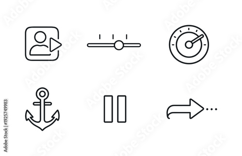 Line style icons of user interaction: start-session tile, pace slider, focus dial, attention anchor, pause marker, continuation
