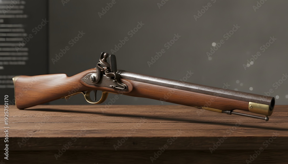 Fototapeta premium A finely crafted vintage musket, an essential firearm from the past, displayed on a rustic wooden surface for a historical heritage concept