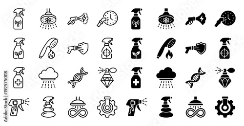 Hybrid spray bottle and nozzle icon set featuring integrated symbols for dna biotechnology smart sensors time management and eco friendly cleaning