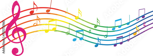 Colorful rainbow musical staff with treble clef and music notes wavy vector illustration for song composition and artistic sound design.