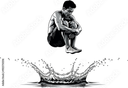 Silhouette of a man crouching beside a water splash