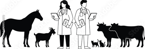 Professional male and female veterinarians with stethoscopes standing with farm animal and pet silhouettes, flat vector illustration for veterinary medicine.