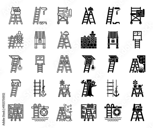 Construction and maintenance ladder icon set featuring hybrid symbols for painting roofing gardening plumbing library and industrial access tasks