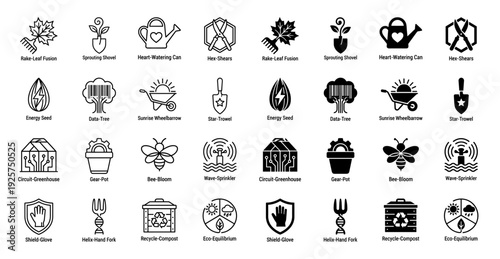 Collection of hybrid garden and nature icons featuring conceptual combinations of organic symbols and agricultural tools in outline and solid styles