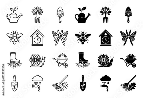 Hybrid gardening icon set merging natural elements with professional tools featuring botanical silhouettes and surreal organic tool combinations in outline and solid styles