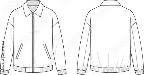 White bomber jacket technical sketch flat vector illustration with front and back views for fashion design and apparel tech packs.