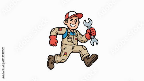 Cartoon Mechanic Man Running With Wrench.